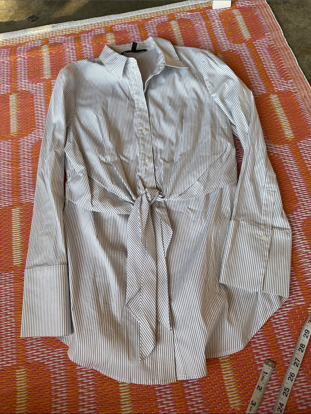 White House Black Market Black and White Pinstripe Tie-Front Blouse
